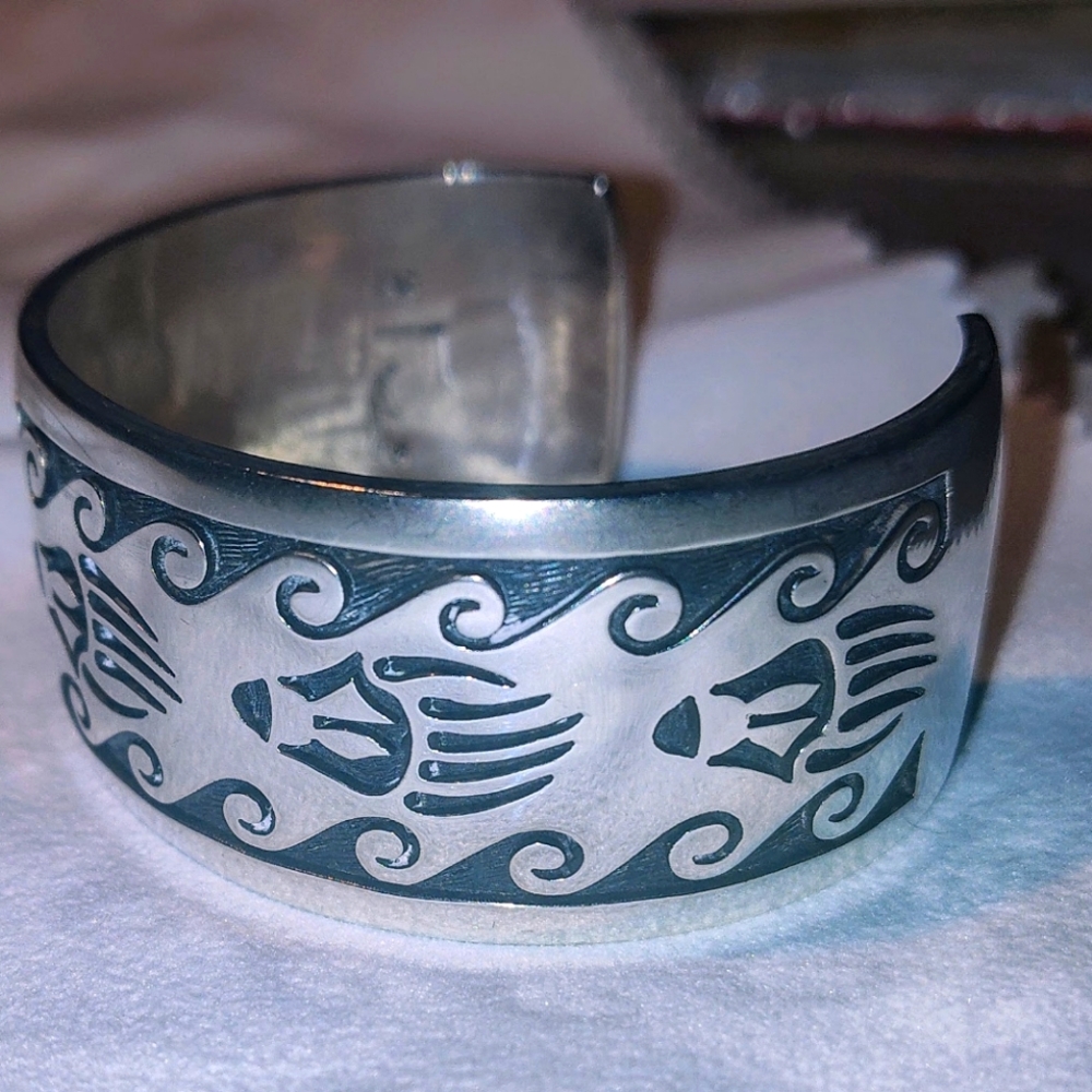 Hopi Silver Overlay Cuff Bracelet, Bradley Gashwazra